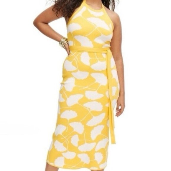 NWT - DVF TARGET - WOMEN'S HALTER TIE NECK GINKGO YELLOW SWEATERKNIT MIDI DRESS - Picture 3 of 4